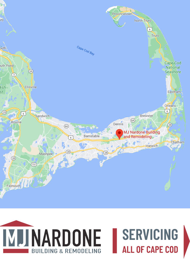 A map of Cape Cod with graphic stating that MJ Nardone Services all of Cape Cod